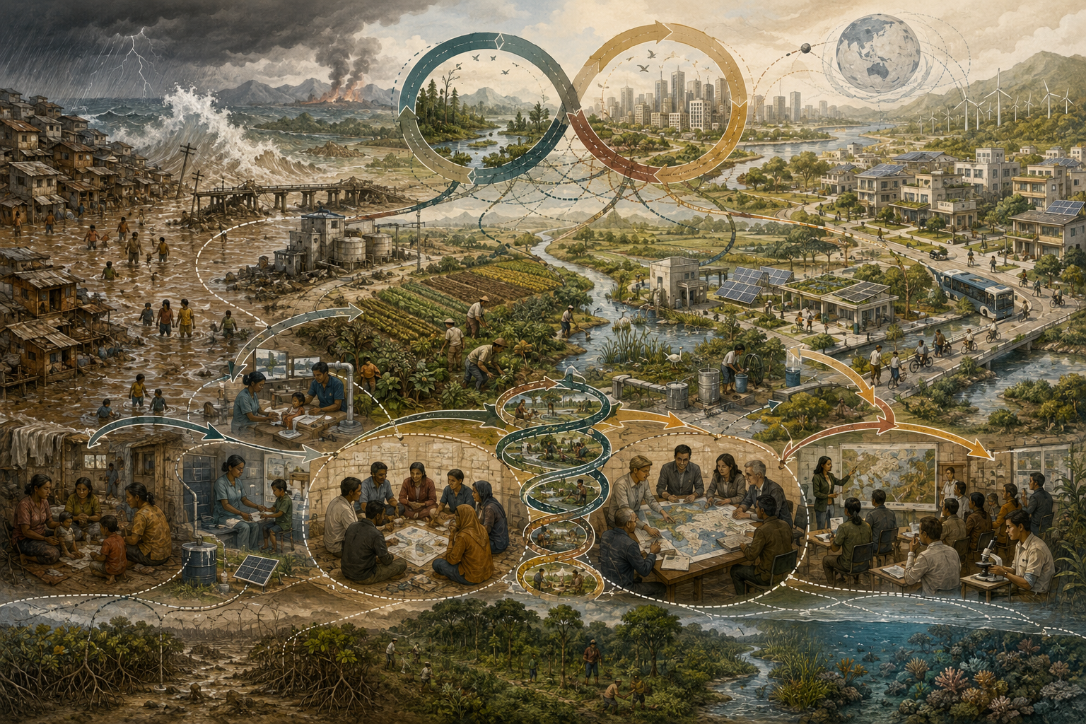 Editorial sustainability illustration showing social-ecological systems under disturbance, with adaptive cycles, community planning, resilient infrastructure, wetlands, diversified farms, public services, and unequal exposure to climate stress.