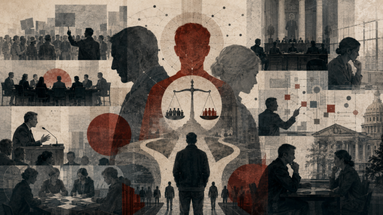 Editorial illustration of responsibility and moral accountability, showing human figures, justice scales, civic institutions, courtroom scenes, public assemblies, decision pathways, and networks of blame.