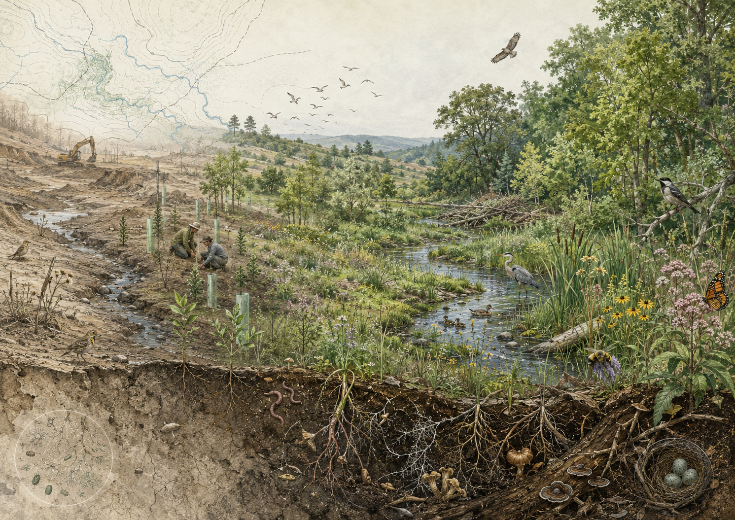 Research-grade ecological restoration illustration showing a degraded landscape transitioning into a restored wetland and forest ecosystem, with native planting, stream recovery, wildlife, soil roots, fungi, and biodiversity returning.
