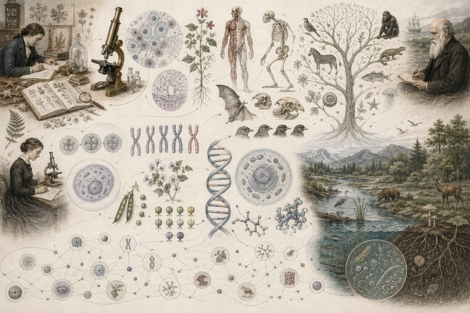 Research-grade history of biology illustration showing microscopes, field notebooks, botanical specimens, anatomy, cell theory, heredity, DNA, evolution, phylogeny, ecology, microbes, and landscapes connected through the development of modern biological science