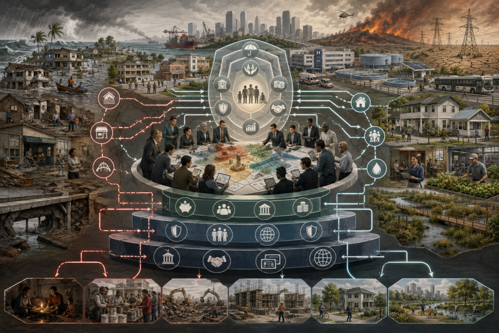 Editorial illustration showing climate hazards, vulnerable and protected communities, public finance officials, insurance and risk-pooling systems, and resilience investments connected through layered financial-protection pathways.