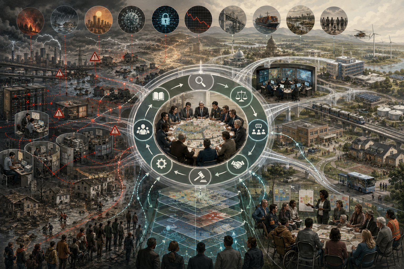 Editorial illustration of risk governance showing adaptive institutions, public participation, cross-sector coordination, hazard monitoring, and feedback loops linking vulnerable communities, infrastructure, and decision-making systems.