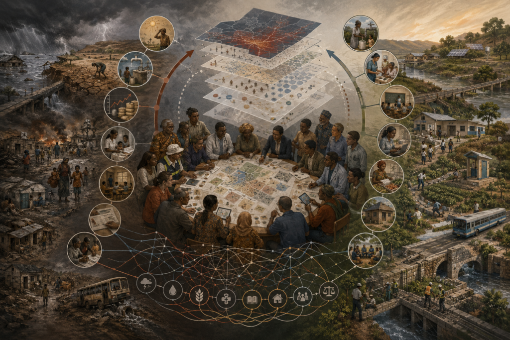 Editorial systems illustration showing crisis-exposed communities, fragile services, displacement, and climate stress on one side; resilient development, functioning services, and recovery pathways on the other; with a central planning forum linking risk, poverty, and fragility.