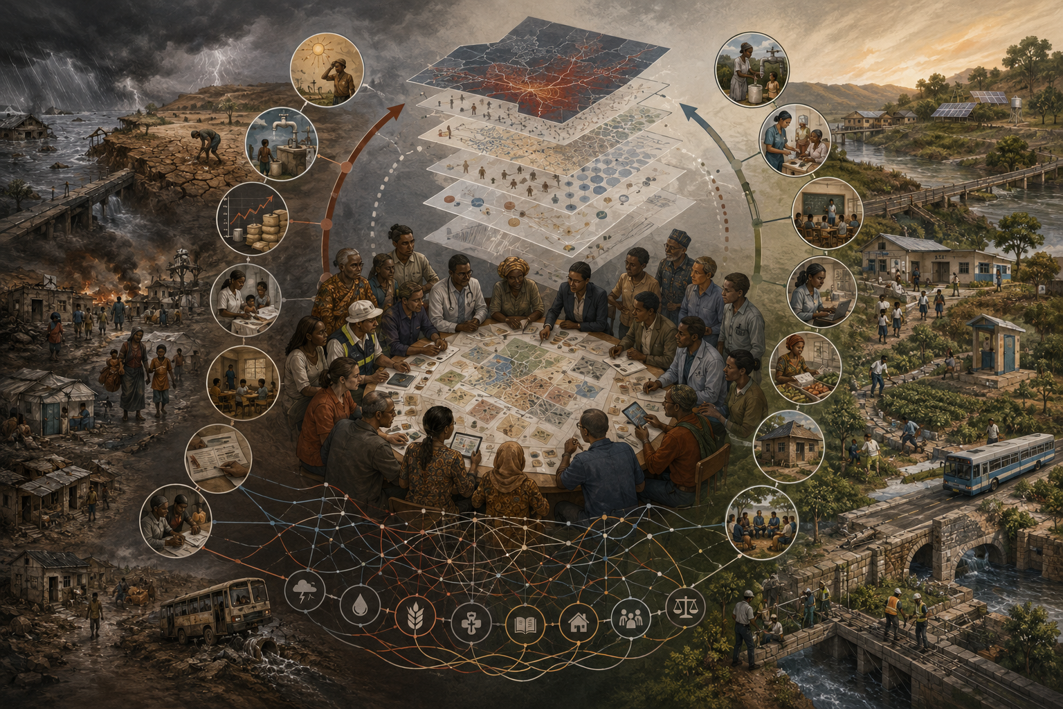 Editorial systems illustration showing crisis-exposed communities, fragile services, displacement, and climate stress on one side; resilient development, functioning services, and recovery pathways on the other; with a central planning forum linking risk, poverty, and fragility.