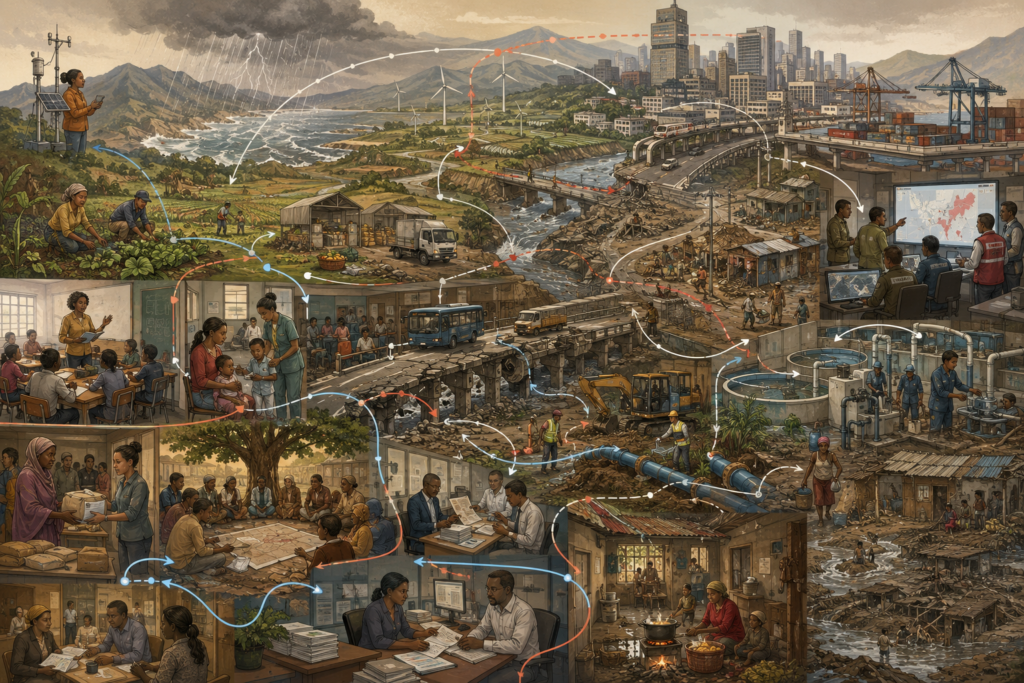 Editorial sustainability illustration showing climate hazards, damaged infrastructure, fragile services, emergency coordination, social protection, and unequal community exposure across interconnected development systems.