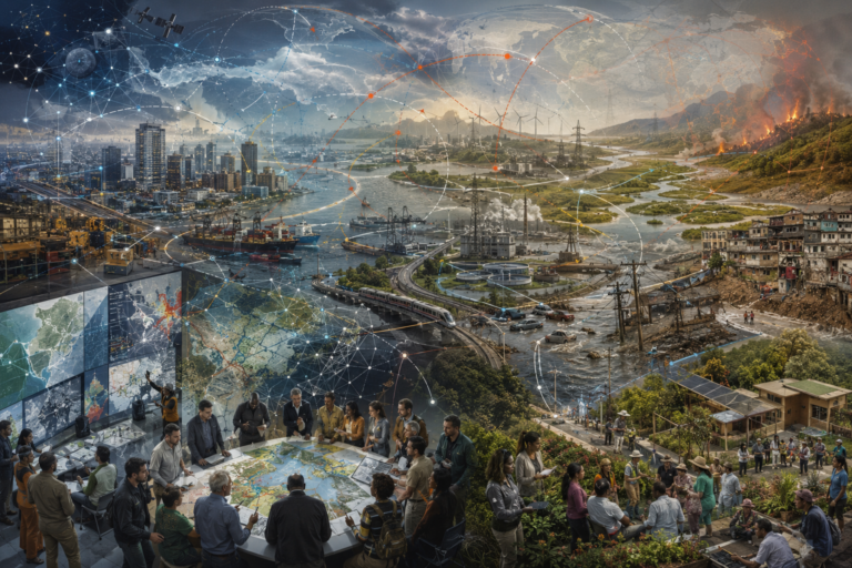 Editorial illustration showing interconnected cities, infrastructure, ecosystems, climate hazards, monitoring systems, and community governance under uncertainty and systemic risk.