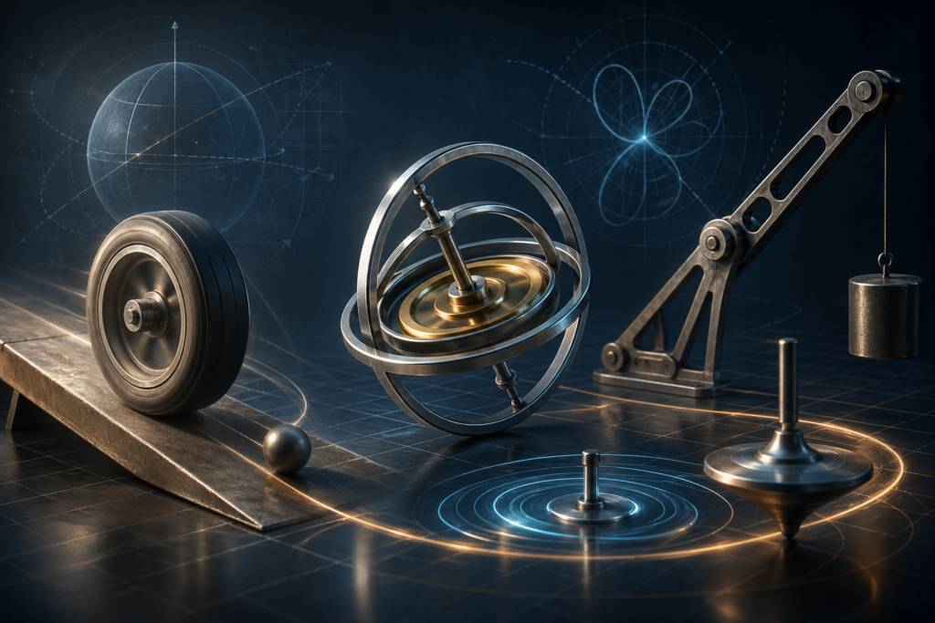 Editorial physics illustration showing a gyroscope, rolling wheel, inclined plane, rotating top, and torque arm to represent rotational dynamics, angular momentum, and rolling motion.