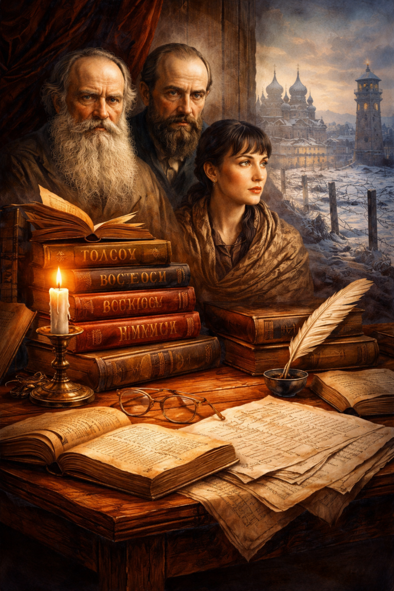 Editorial illustration of Russian literature and moral memory featuring candlelit books, manuscripts, winter cityscapes, and symbolic motifs of conscience, endurance, and historical reflection