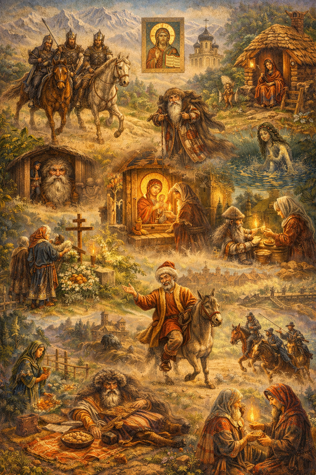 Editorial illustration of Russian mythic and folkloric worlds featuring bogatyr horsemen, a saint icon, a forest elder, a rusalka in the water, a domovoi at a cottage threshold, women in ritual and domestic scenes, a wandering fool on a donkey, and layered village, grave, and wilderness landscapes