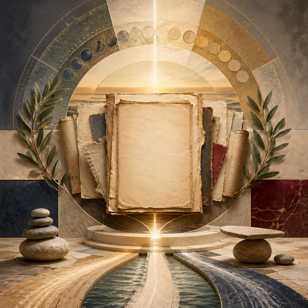 Non-figurative editorial illustration of blank manuscripts, circular sacred-time geometry, olive branches, still water, luminous pathways, balanced stone forms, and threshold architecture representing Sabbath, sacred time, and the discipline of rest.