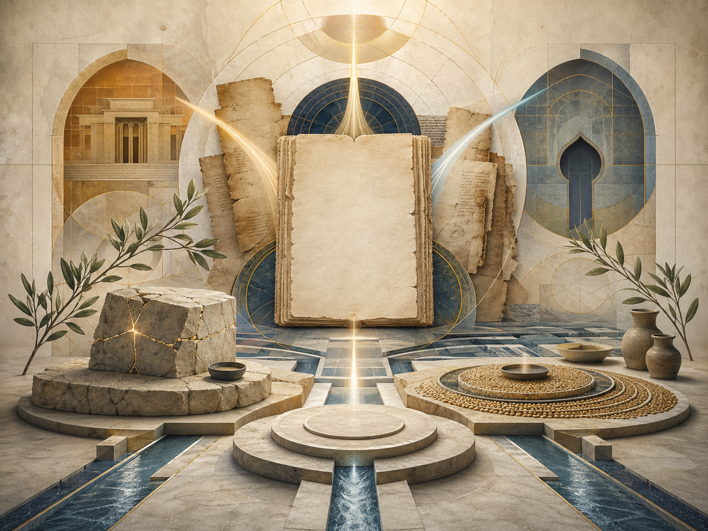 Non-figurative editorial illustration of blank manuscripts, luminous pathways, repaired stone forms, water channels, olive branches, grain-like offering textures, unmarked vessels, and sacred geometry representing sacrifice, offering, atonement, repentance, mercy, and moral repair in Abrahamic traditions.