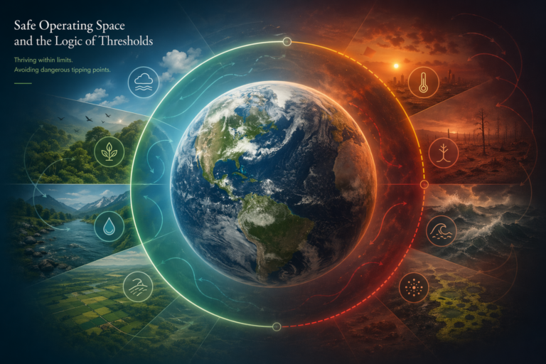 Editorial featured image showing Earth inside a circular safe operating zone, with stable forests, rivers, land systems, clouds, and atmospheric balance on one side, and rising threshold risk with heat, drought, damaged ecosystems, ocean stress, and feedback-loop patterns on the other.