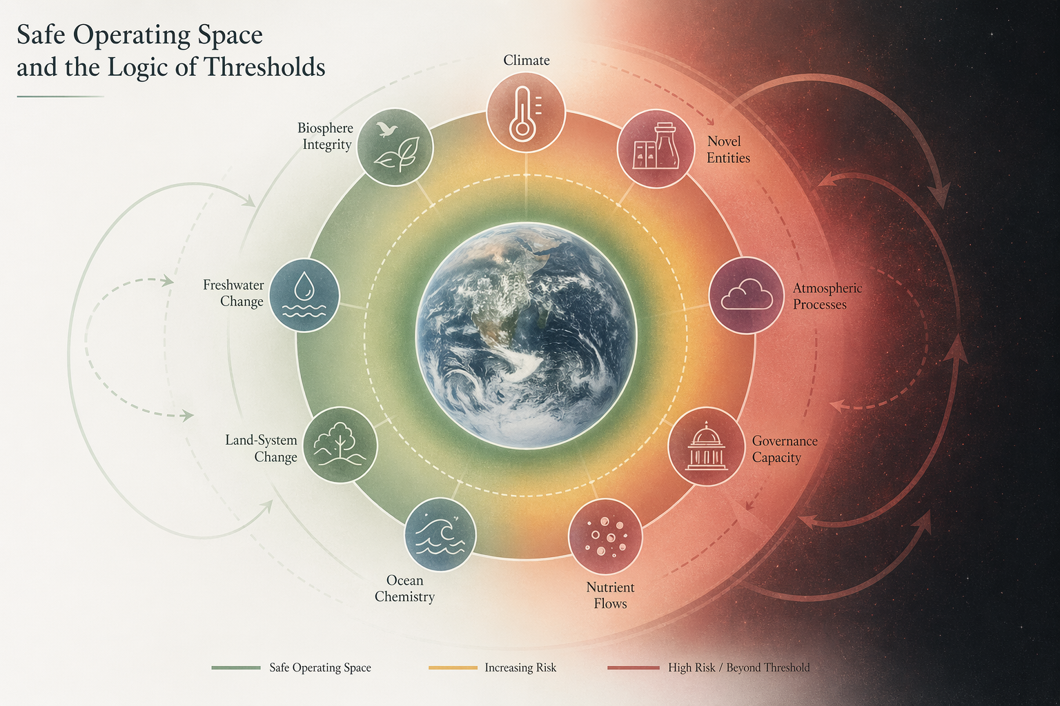 Infographic showing Earth at the center within a circular safe operating space, surrounded by planetary-boundary nodes for climate, biosphere integrity, freshwater change, land-system change, ocean chemistry, nutrient flows, atmospheric processes, novel entities, and governance capacity, with the outer ring shifting from safe zone to increasing risk and high-risk threshold areas.