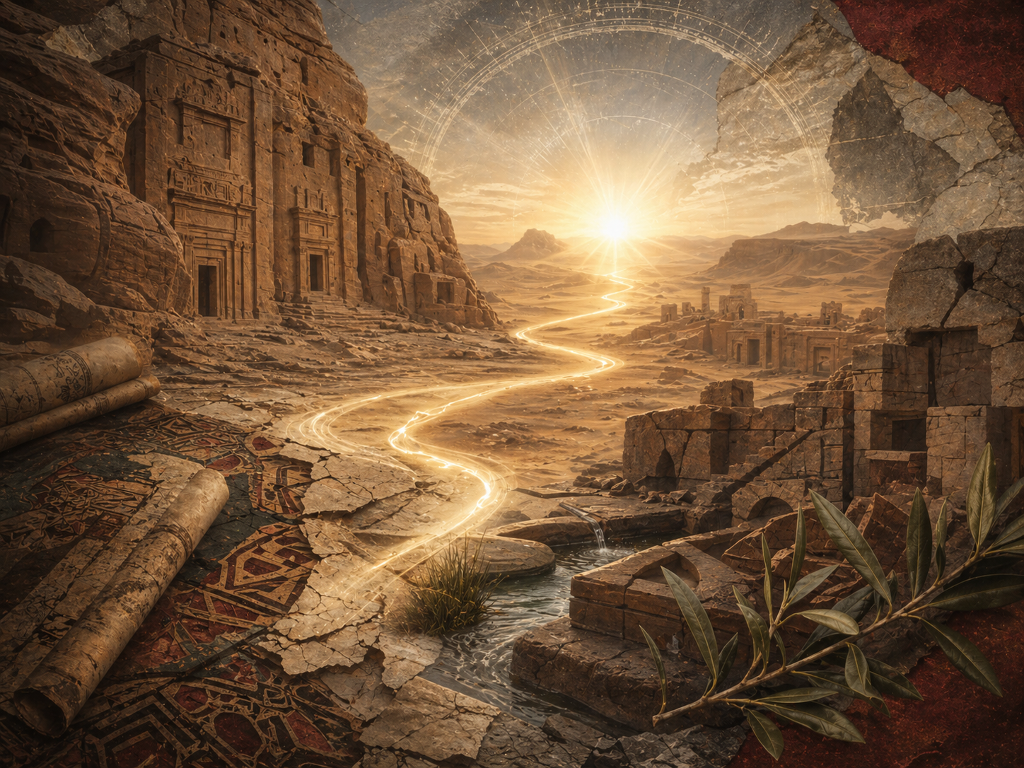 Editorial illustration of Salih and the people of Thamud shown without figures through al-Hijr-like sandstone cliffs, carved mountain dwellings, desert ruins, water-sharing motifs, manuscript layers, olive leaves, and a luminous path of prophetic warning.