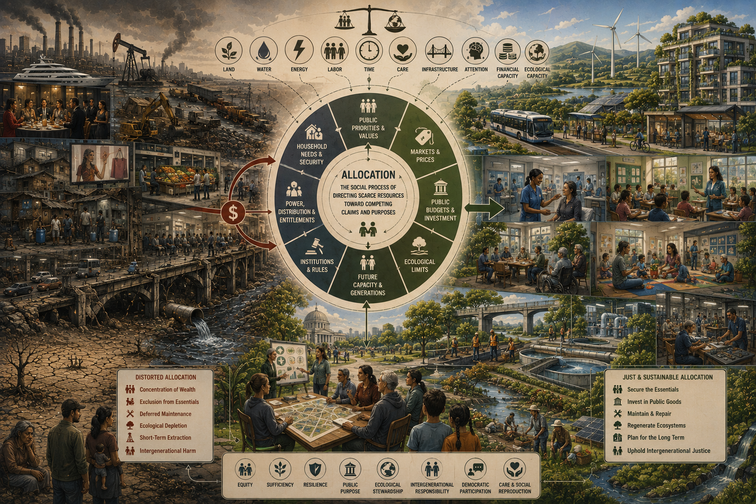 Editorial systems illustration showing scarcity and allocation across land, water, energy, labor, care, infrastructure, markets, public budgets, ecological limits, and future capacity.