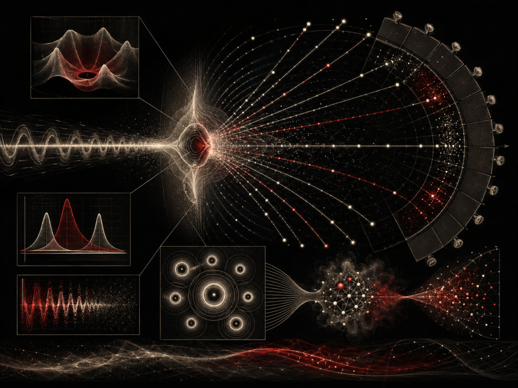 Editorial scientific illustration showing an incoming wave beam scattering from an abstract target potential into angular paths, detector-array arcs, resonance peaks, partial-wave rings, event-count patterns, and inference textures.