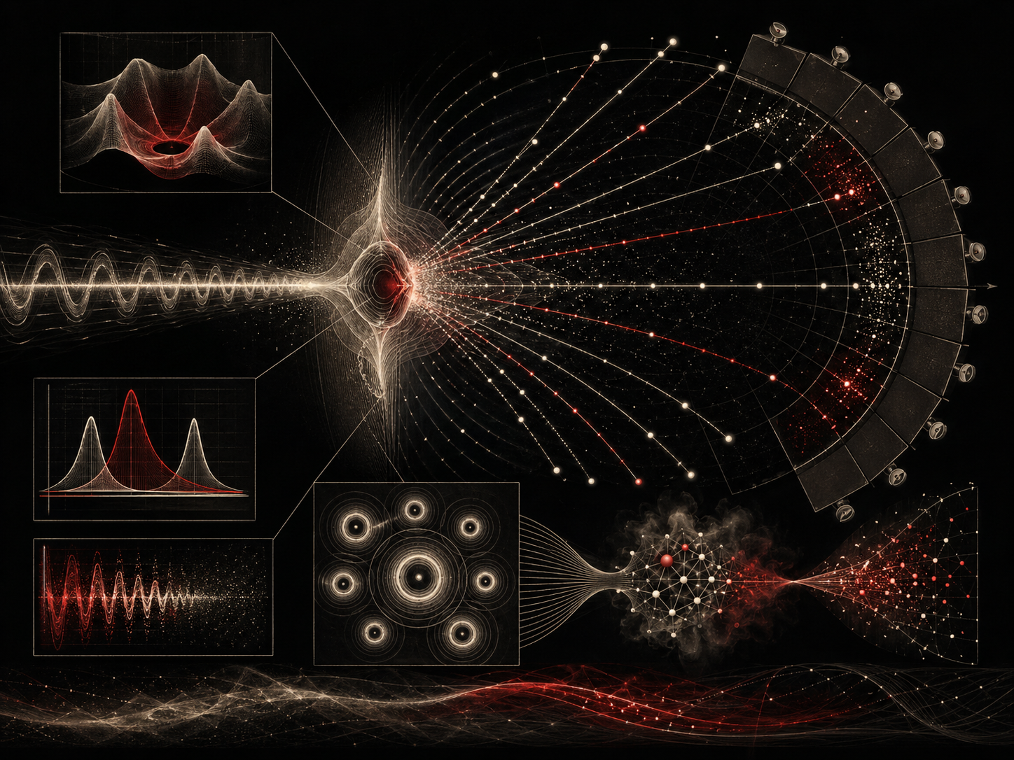 Editorial scientific illustration showing an incoming wave beam scattering from an abstract target potential into angular paths, detector-array arcs, resonance peaks, partial-wave rings, event-count patterns, and inference textures.