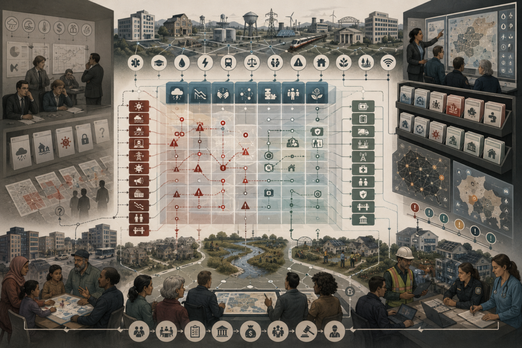 Editorial illustration showing a central scenario-planning matrix connected to shock libraries, public systems, infrastructure networks, community actors, and decision-makers involved in resilience planning.