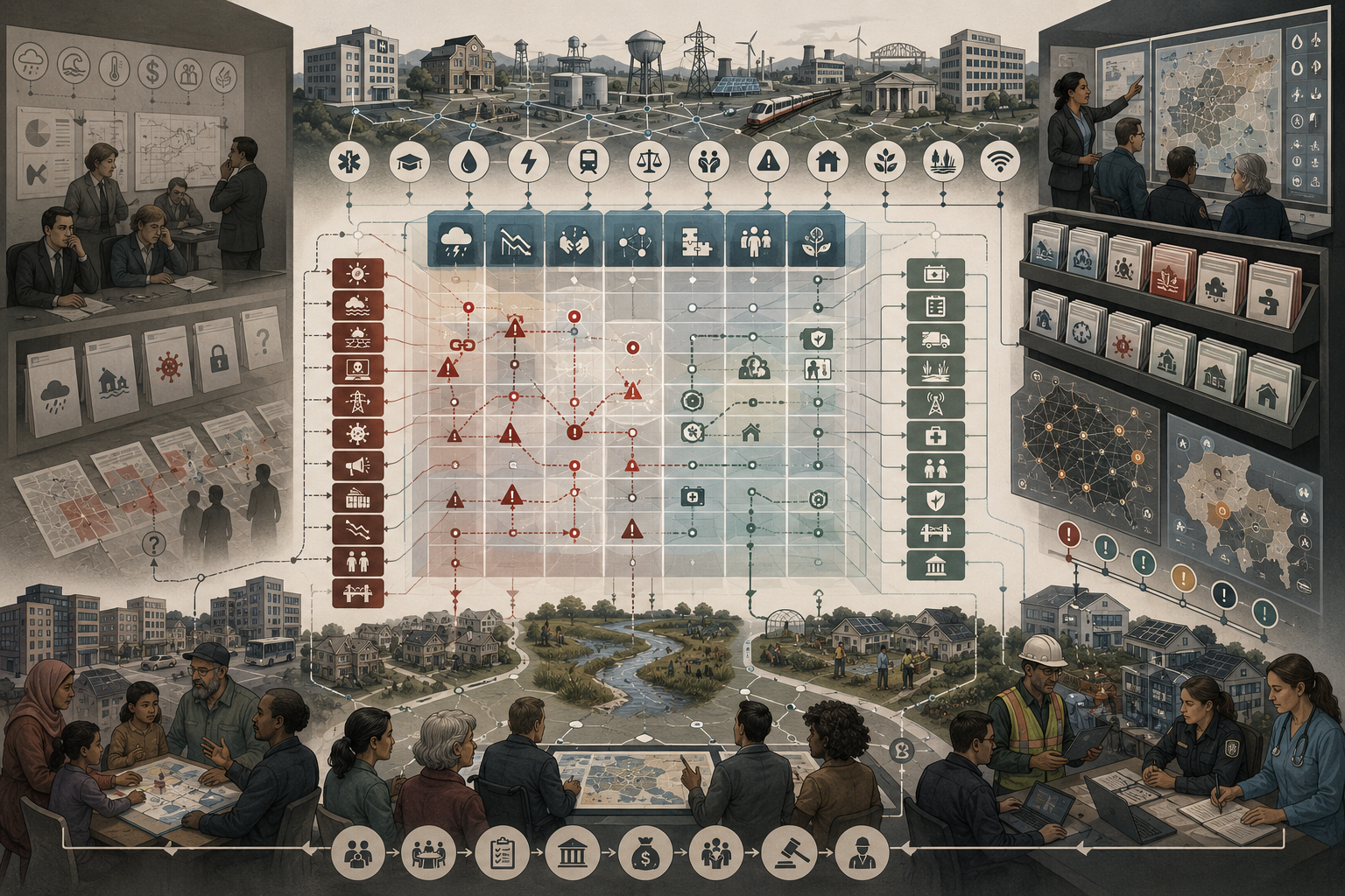 Editorial illustration showing a central scenario-planning matrix connected to shock libraries, public systems, infrastructure networks, community actors, and decision-makers involved in resilience planning.