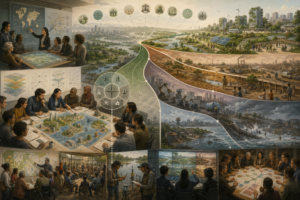 Editorial sustainability illustration showing multiple branching future pathways, planning tables, community workshops, foresight rooms, field monitoring, and contrasting sustainable development scenarios.