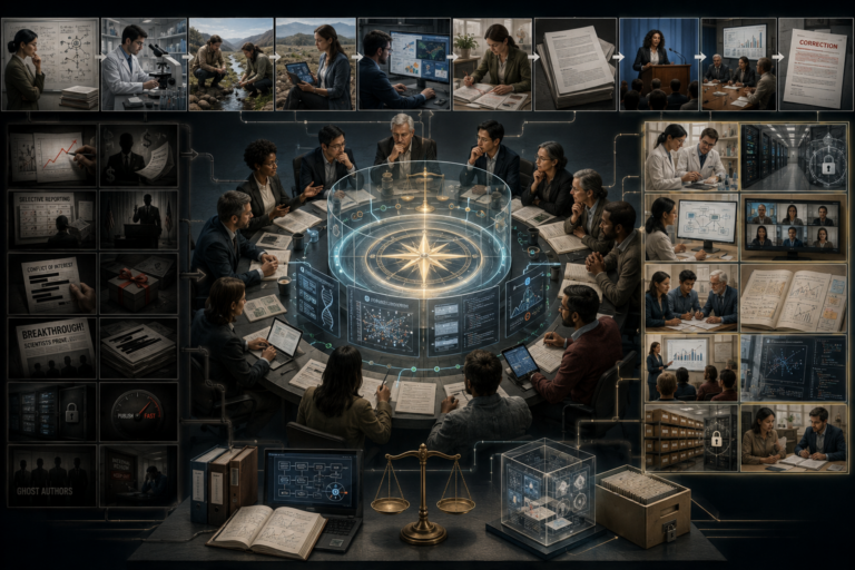Editorial science illustration showing a central scientific integrity review table surrounded by scientists, peer reviewers, data stewards, and policy actors, with research workflows, transparent evidence systems, reproducibility tools, and darker panels depicting conflicts of interest, selective reporting, publication pressure, and other threats to trustworthy inquiry.