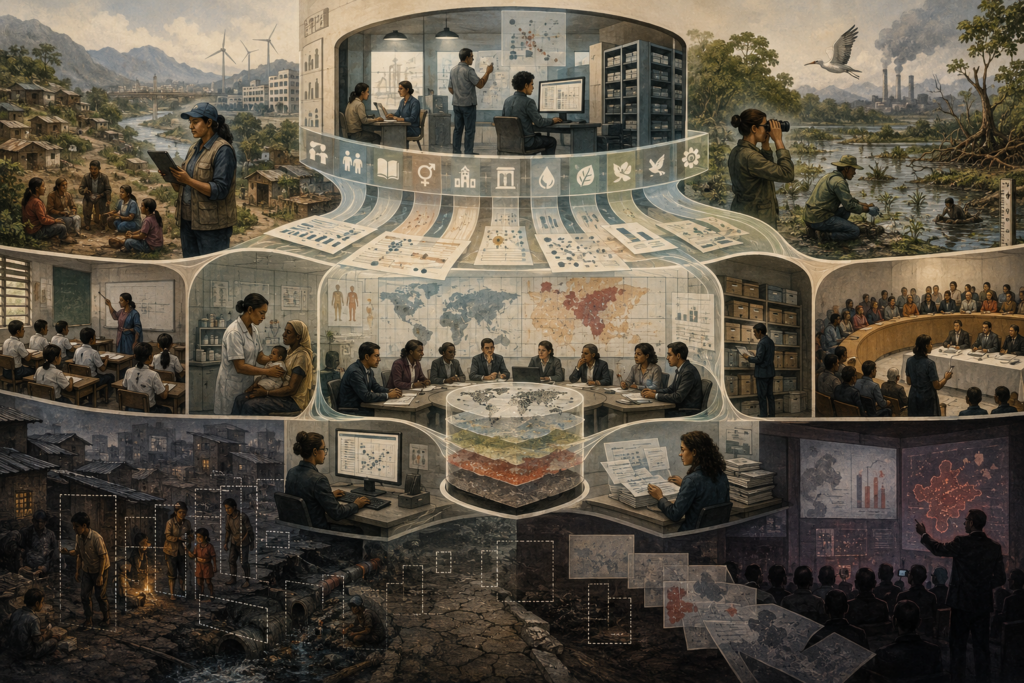 Editorial sustainability illustration showing SDG indicators flowing from field data, statistical offices, and ecological monitoring into governance review, public accountability, and policy interpretation, while some communities and harms remain only partially visible.