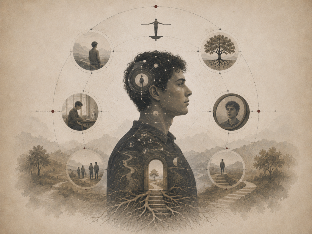 Restrained institutional illustration of a human profile surrounded by mirrors, roots, pathways, social scenes, and abstract diagrams representing self-concept, self-esteem, and self-knowledge.