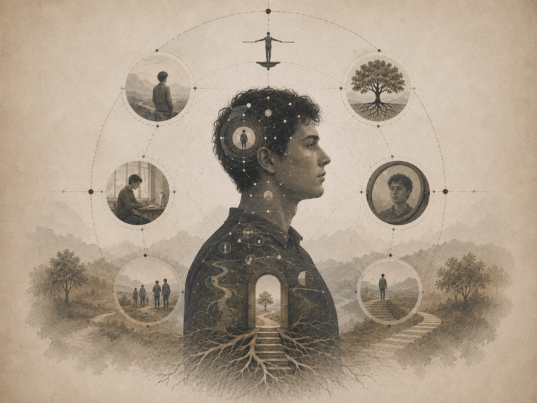 Restrained institutional illustration of a human profile surrounded by mirrors, roots, pathways, social scenes, and abstract diagrams representing self-concept, self-esteem, and self-knowledge.