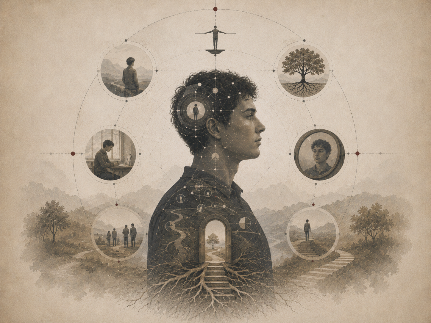 Restrained institutional illustration of a human profile surrounded by mirrors, roots, pathways, social scenes, and abstract diagrams representing self-concept, self-esteem, and self-knowledge.