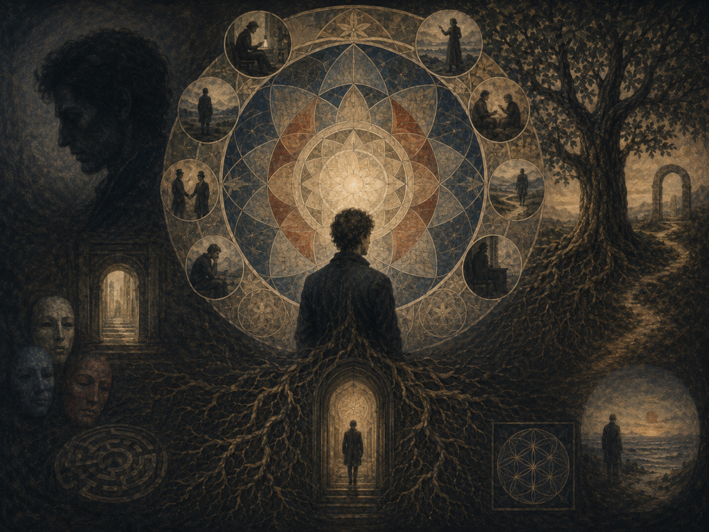 A solitary figure stands before a luminous mandala-like center, surrounded by roots, shadow, masks, thresholds, memory scenes, and a symbolic tree.