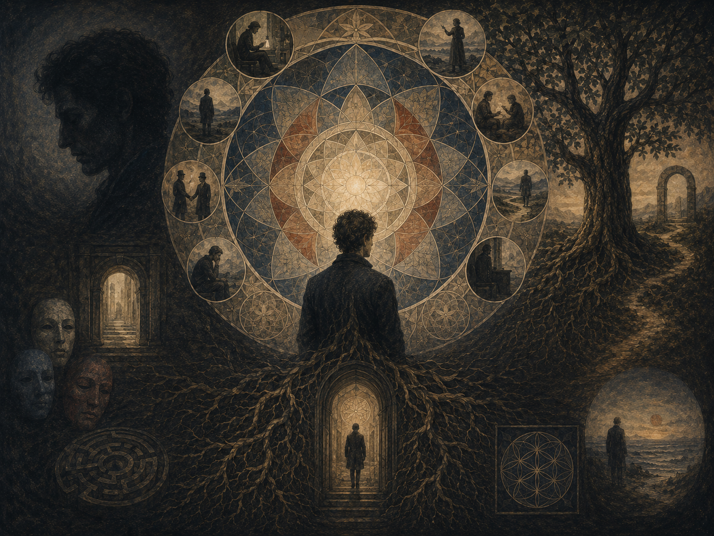 A solitary figure stands before a luminous mandala-like center, surrounded by roots, shadow, masks, thresholds, memory scenes, and a symbolic tree.