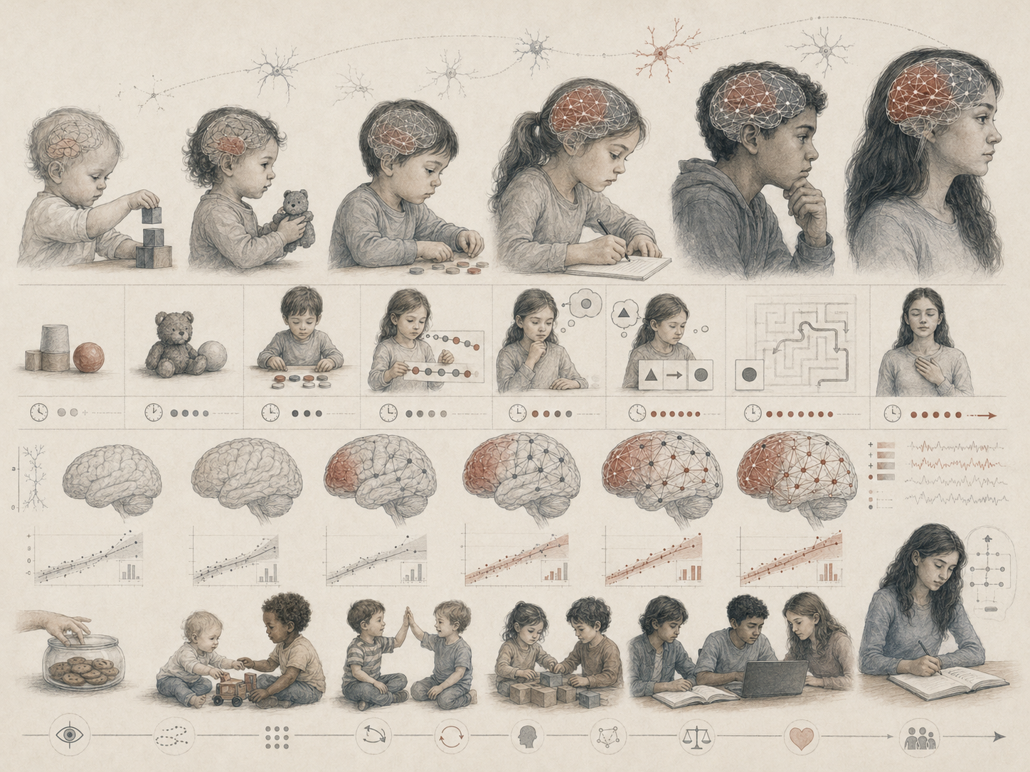 Research-grade illustration showing the development of self-regulation and executive function from early childhood through adolescence, with children at different ages, brain maturation, attention, inhibition, planning, problem-solving, and emotional regulation.