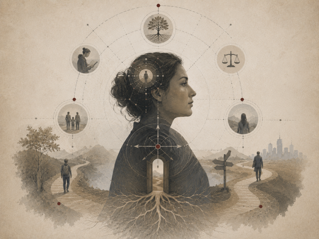 Restrained institutional illustration of a human profile surrounded by symbolic pathways, roots, doors, scales, and life-context diagrams representing selfhood, agency, and personal identity.