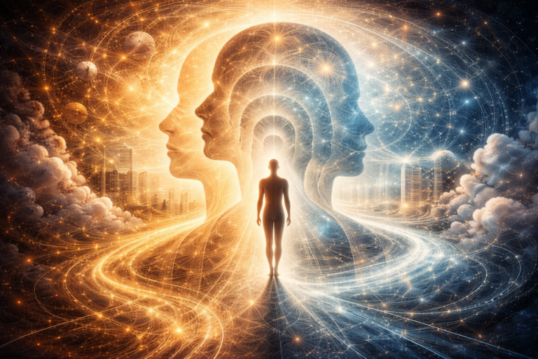 Abstract metaphysical image of a central human figure surrounded by layered translucent faces, luminous pathways, and interconnected patterns representing selfhood, memory, continuity, and personal identity