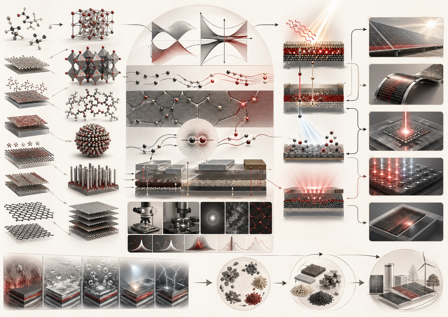 Abstract editorial scientific illustration showing semiconductor, electronic, and photochemical materials as a workflow connecting band structure, charge transport, excited states, photovoltaics, photocatalysis, interfaces, device testing, stability, and responsible lifecycle design.