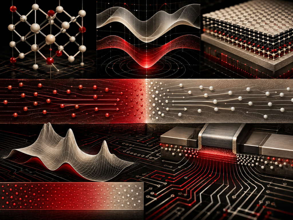 Editorial scientific illustration showing crystal lattice structures, layered semiconductor materials, band-structure energy surfaces, p–n junction regions, carrier flow pathways, transistor gate geometry, doped gradients, and circuit-like traces.
