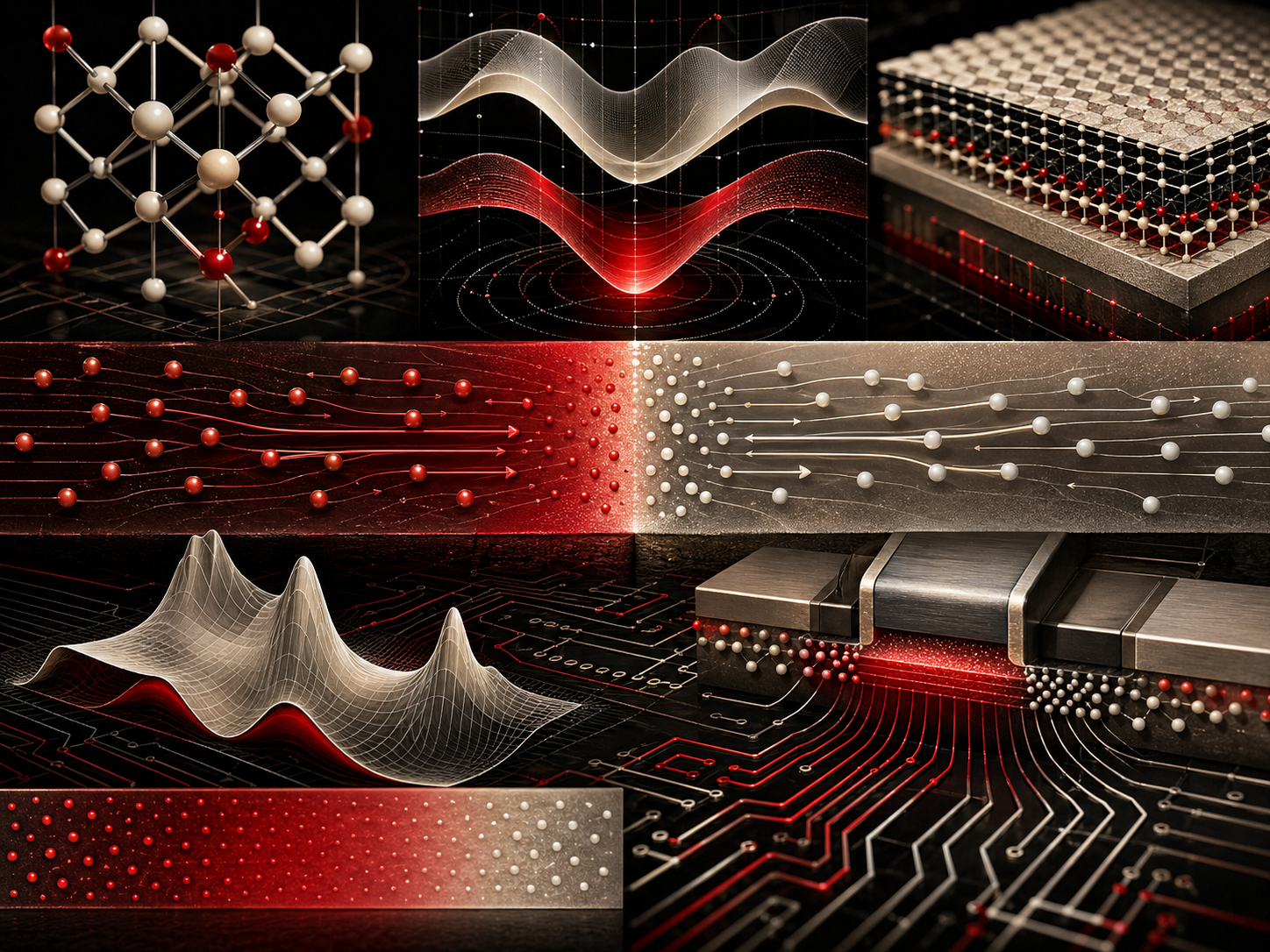 Editorial scientific illustration showing crystal lattice structures, layered semiconductor materials, band-structure energy surfaces, p–n junction regions, carrier flow pathways, transistor gate geometry, doped gradients, and circuit-like traces.
