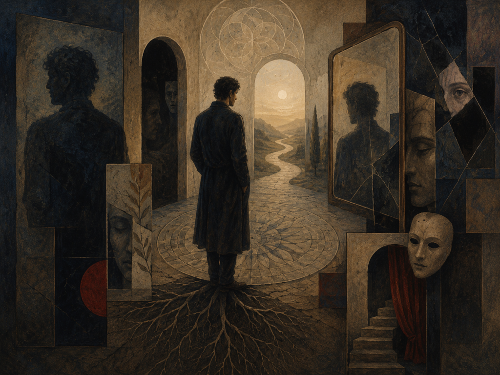 A solitary figure stands between light and shadow, surrounded by mirrors, masks, fractured panels, roots, thresholds, and hidden faces.