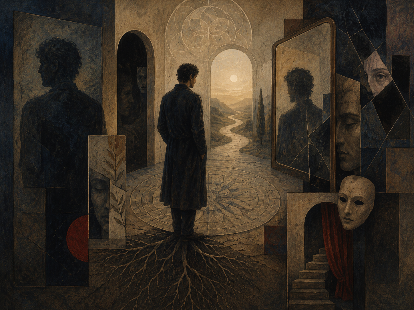 A solitary figure stands between light and shadow, surrounded by mirrors, masks, fractured panels, roots, thresholds, and hidden faces.