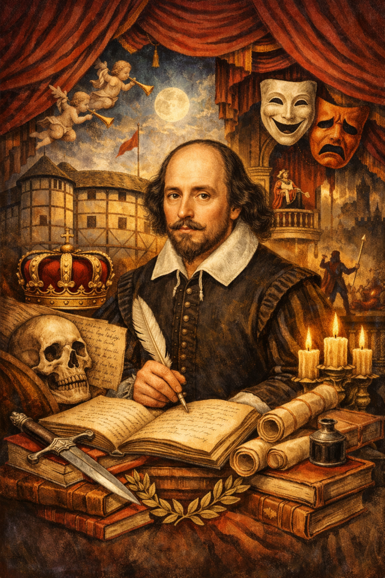 Editorial illustration of Shakespeare and early modern literature featuring theatrical architecture, manuscripts, crowns, masks, candles, and dramatic symbols of tragedy, kingship, and literary legacy