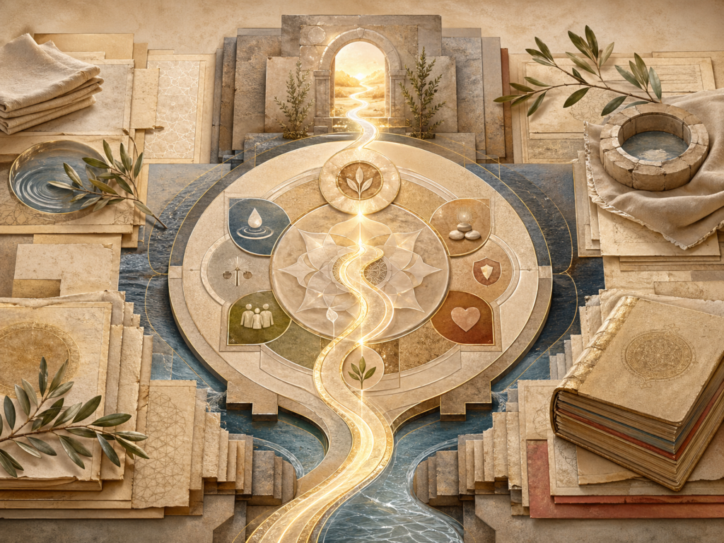 Non-figurative editorial illustration of layered parchment, illuminated path-and-map geometry, circular manuscript structures, water traces, olive branches, stone thresholds, folded linen, and soft gold light representing sharia, mercy, and moral order.