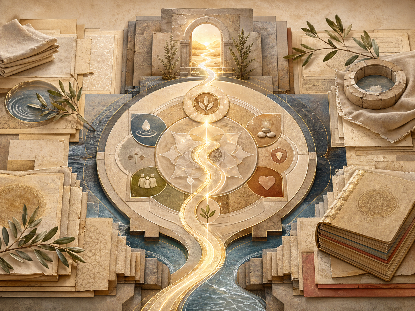 Non-figurative editorial illustration of layered parchment, illuminated path-and-map geometry, circular manuscript structures, water traces, olive branches, stone thresholds, folded linen, and soft gold light representing sharia, mercy, and moral order.