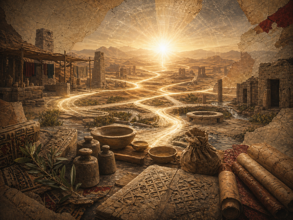 Editorial illustration of Shu‘ayb and justice in social life shown without figures through a Midianite marketplace-road landscape, honest measure motifs, stone vessels, wells, branching roads, manuscripts, thicket vegetation, and luminous prophetic reform.