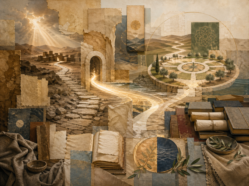 Non-figurative editorial illustration of layered parchment, desert pathways, luminous migration route, stone thresholds, archival manuscript forms, water traces, olive branches, circular communal geometry, and soft gold illumination representing sīrah and the sacred history of early Islam.