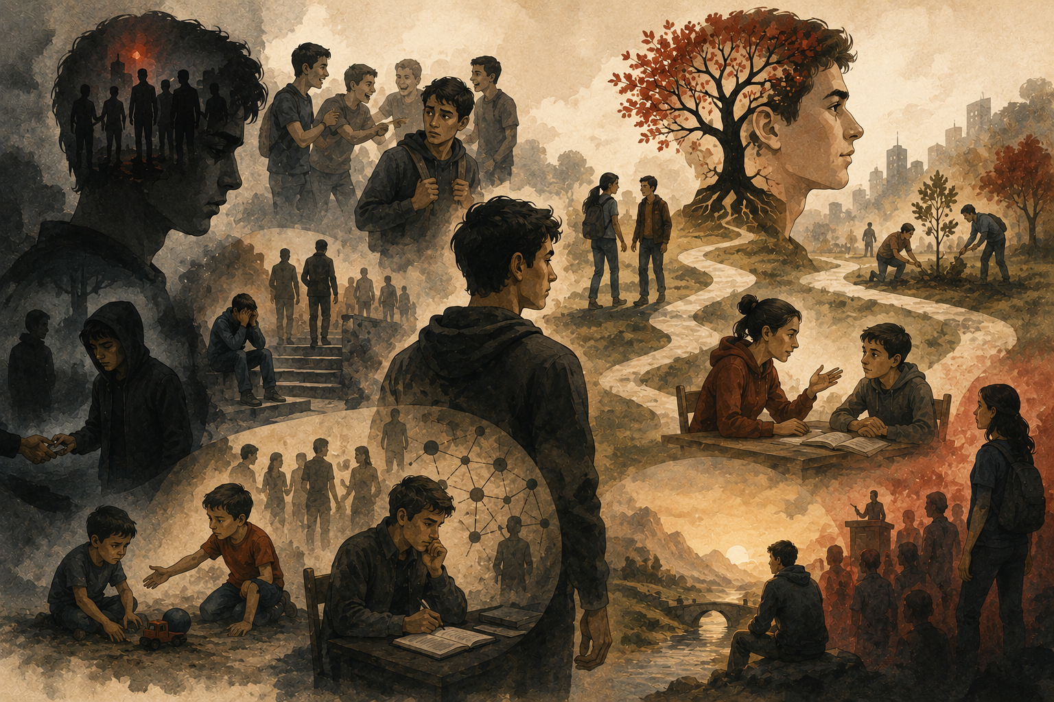 Painterly illustration of moral character and situationism, showing a young person surrounded by contrasting social pressures, branching paths, peer influence, guidance, reflection, community scenes, and symbolic trees of growth.