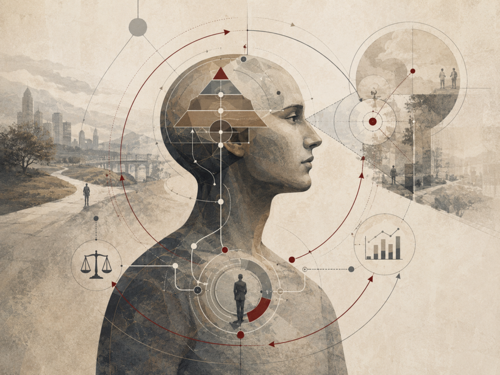 Restrained institutional illustration of a human profile surrounded by abstract feedback loops, goals, pathways, appraisal symbols, and self-regulation diagrams.