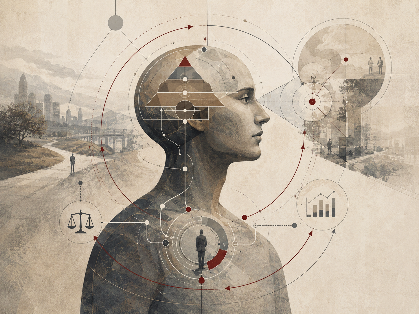 Restrained institutional illustration of a human profile surrounded by abstract feedback loops, goals, pathways, appraisal symbols, and self-regulation diagrams.