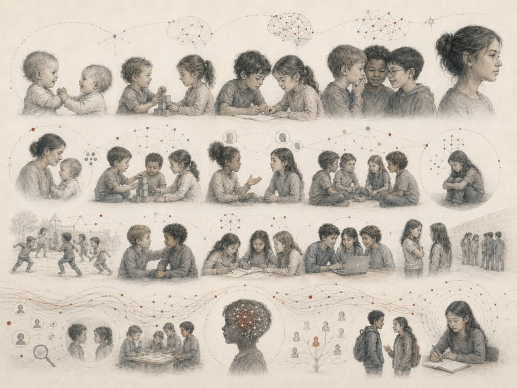 Research-grade illustration of social development across childhood and adolescence, showing peer interaction, cooperation, friendship, conflict, belonging, exclusion, and the formation of selfhood through social relationships.