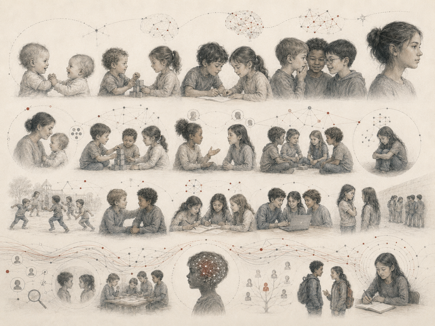 Research-grade illustration of social development across childhood and adolescence, showing peer interaction, cooperation, friendship, conflict, belonging, exclusion, and the formation of selfhood through social relationships.