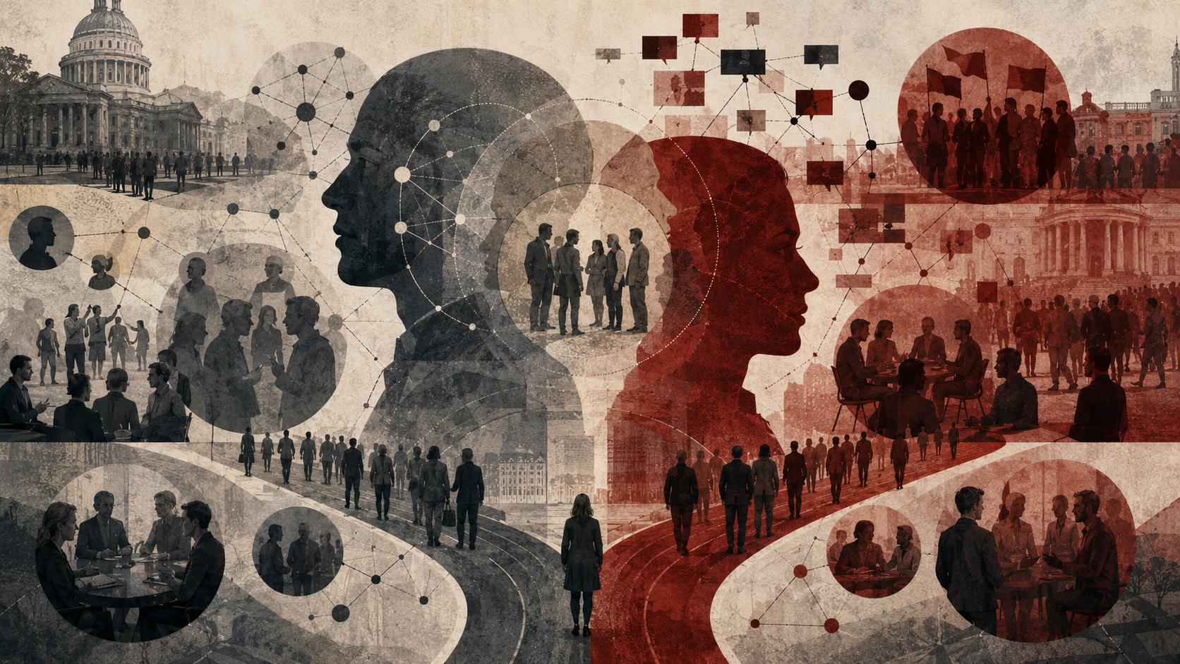 Editorial illustration of social identity and moral polarization, showing opposing human profiles, clustered groups, civic architecture, branching pathways, crowd scenes, and social-network diagrams.